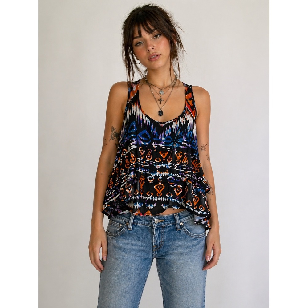 Y2K Boho Aztec Tribal Tank Top High Low Festival Indie Grunge M